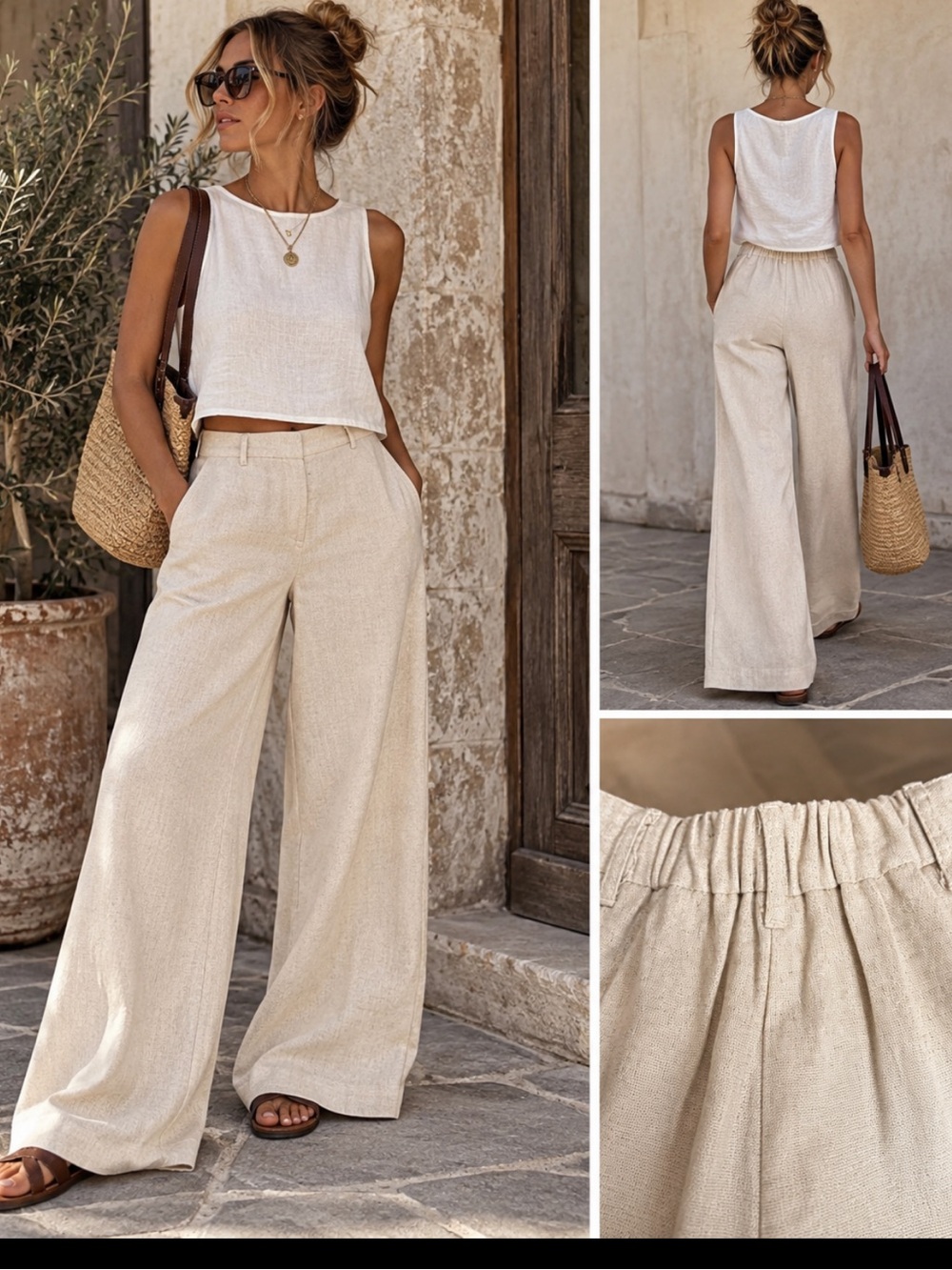 Max studio Linen Blend Wide Leg Pants Neutral Flowy Elastic Waist M